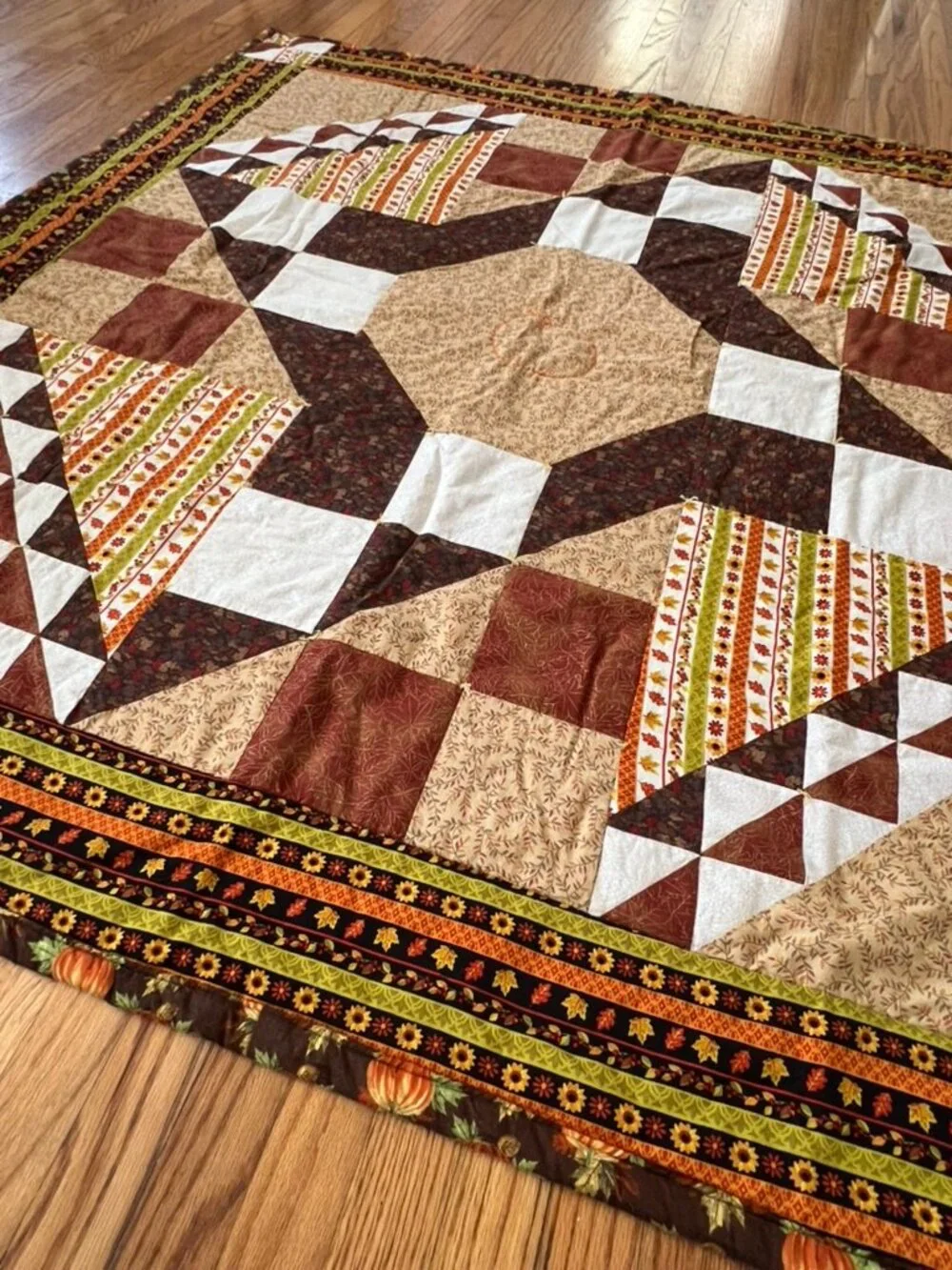Handmade Fall Patchwork Quilt 64x64 Pumpkin Sunflower Autumn Throw
